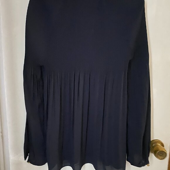 LAUREN Ralph Lauren Navy Blue Duong Pleated Georgette Tie Neck Blouse - Size S - Picture 2 of 2
